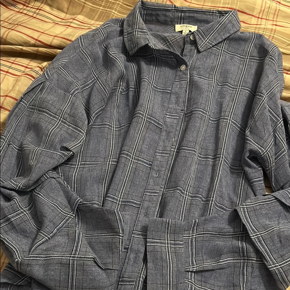 Blue Casual Button Down Shirt with gathered sleeves
